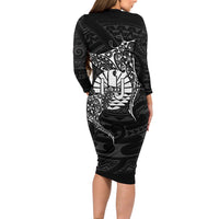 French Polynesia Manta Ray Tattoo Family Matching Long Sleeve Bodycon Dress and Hawaiian Shirt Tahiti Hahalua Turtle Shark Black Color