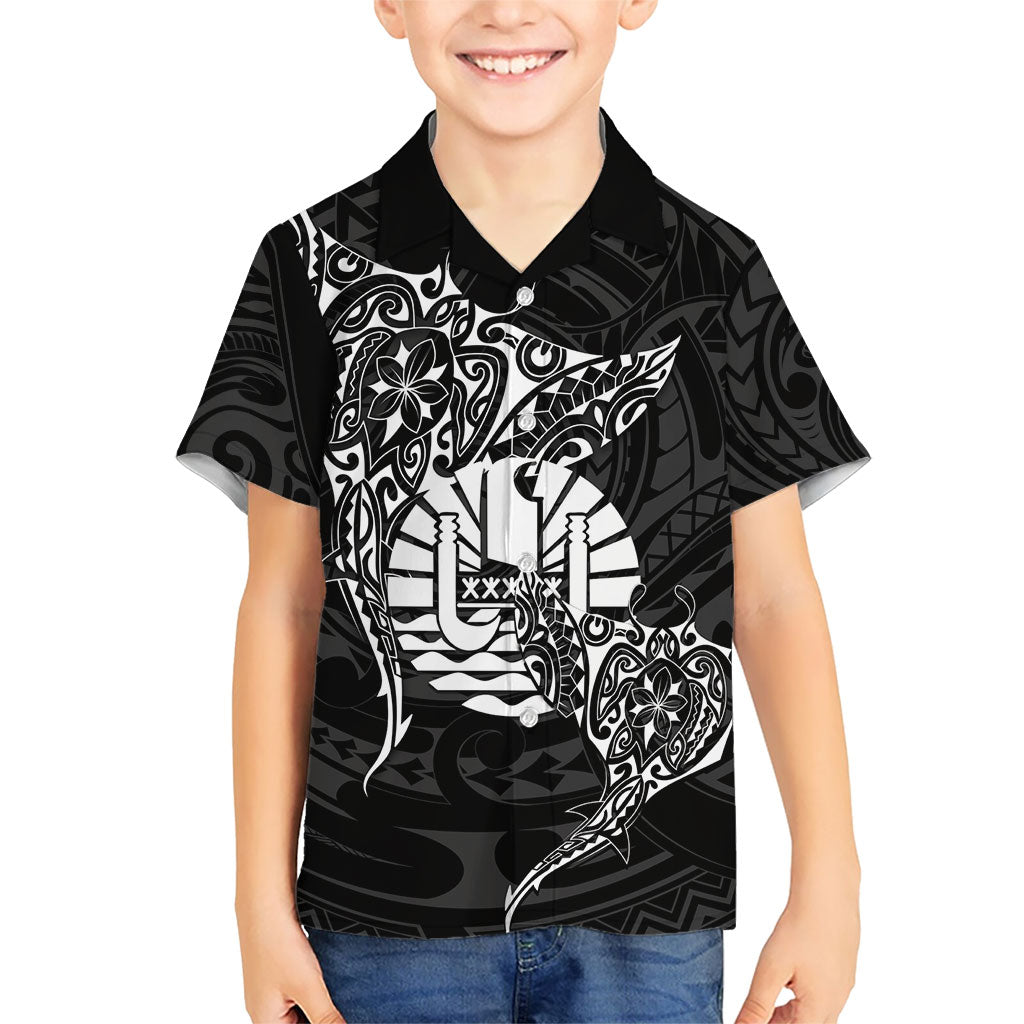 French Polynesia Manta Ray Tattoo Family Matching Long Sleeve Bodycon Dress and Hawaiian Shirt Tahiti Hahalua Turtle Shark Black Color