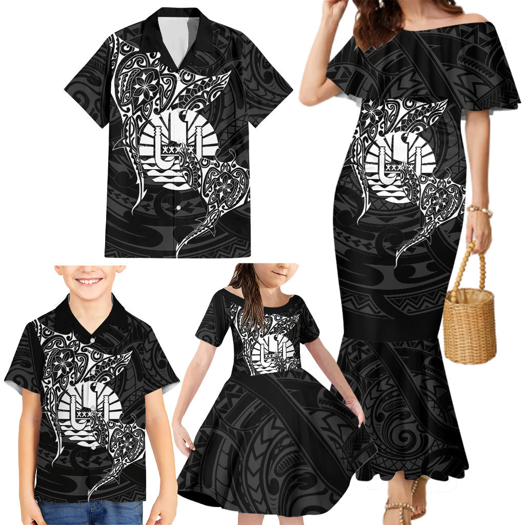 French Polynesia Manta Ray Tattoo Family Matching Mermaid Dress and Hawaiian Shirt Tahiti Hahalua Turtle Shark Black Color