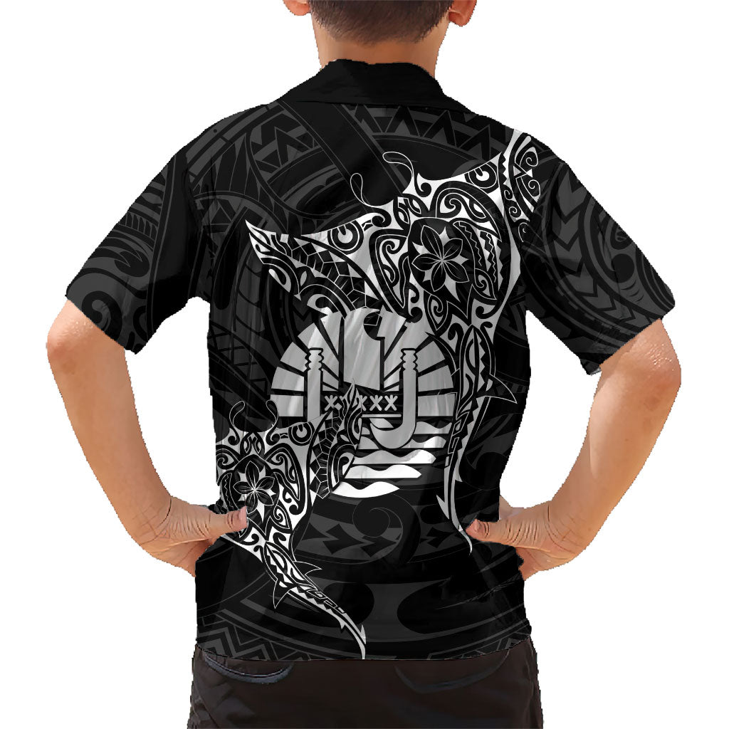 French Polynesia Manta Ray Tattoo Family Matching Off The Shoulder Long Sleeve Dress and Hawaiian Shirt Tahiti Hahalua Turtle Shark Black Color