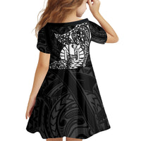 French Polynesia Manta Ray Tattoo Family Matching Off The Shoulder Long Sleeve Dress and Hawaiian Shirt Tahiti Hahalua Turtle Shark Black Color