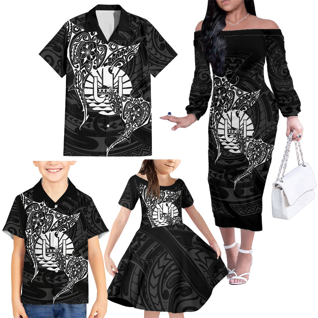 French Polynesia Manta Ray Tattoo Family Matching Off The Shoulder Long Sleeve Dress and Hawaiian Shirt Tahiti Hahalua Turtle Shark Black Color