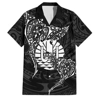 French Polynesia Manta Ray Tattoo Family Matching Off The Shoulder Long Sleeve Dress and Hawaiian Shirt Tahiti Hahalua Turtle Shark Black Color