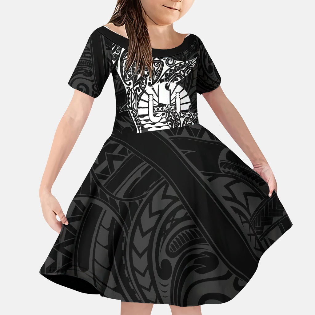 French Polynesia Manta Ray Tattoo Family Matching Off Shoulder Maxi Dress and Hawaiian Shirt Tahiti Hahalua Turtle Shark Black Color LT14 Daughter's Dress Black - Polynesian Pride