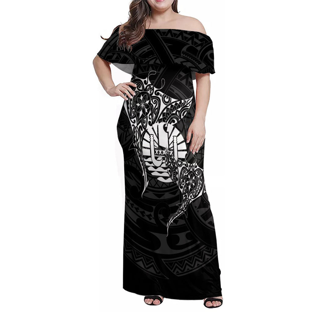 French Polynesia Manta Ray Tattoo Family Matching Off Shoulder Maxi Dress and Hawaiian Shirt Tahiti Hahalua Turtle Shark Black Color LT14 Mom's Dress Black - Polynesian Pride