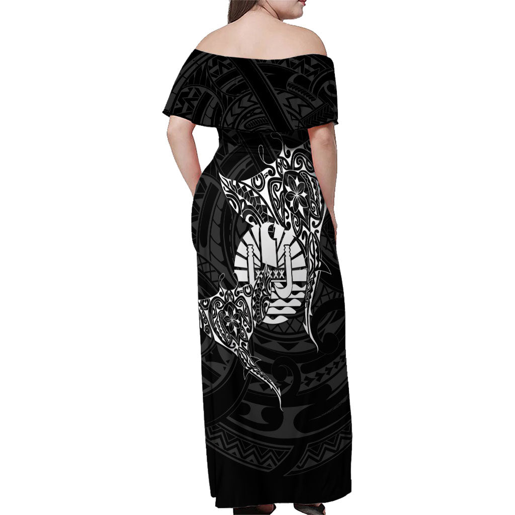 French Polynesia Manta Ray Tattoo Family Matching Off Shoulder Maxi Dress and Hawaiian Shirt Tahiti Hahalua Turtle Shark Black Color LT14 - Polynesian Pride