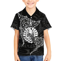 French Polynesia Manta Ray Tattoo Family Matching Off Shoulder Maxi Dress and Hawaiian Shirt Tahiti Hahalua Turtle Shark Black Color LT14 Son's Shirt Black - Polynesian Pride