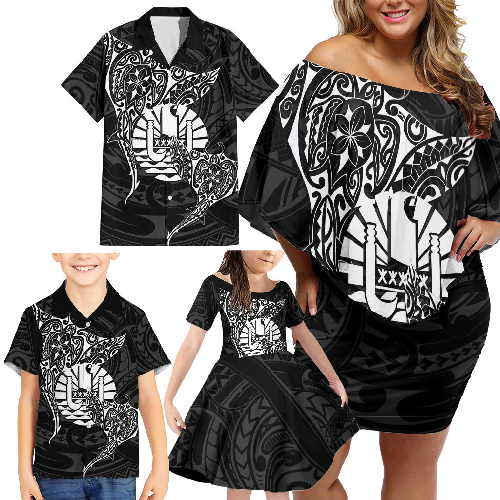 French Polynesia Manta Ray Tattoo Family Matching Off Shoulder Short Dress and Hawaiian Shirt Tahiti Hahalua Turtle Shark Black Color