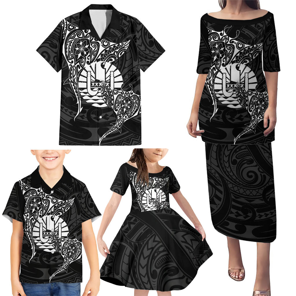 French Polynesia Manta Ray Tattoo Family Matching Puletasi and Hawaiian Shirt Tahiti Hahalua Turtle Shark Black Color LT14 - Polynesian Pride