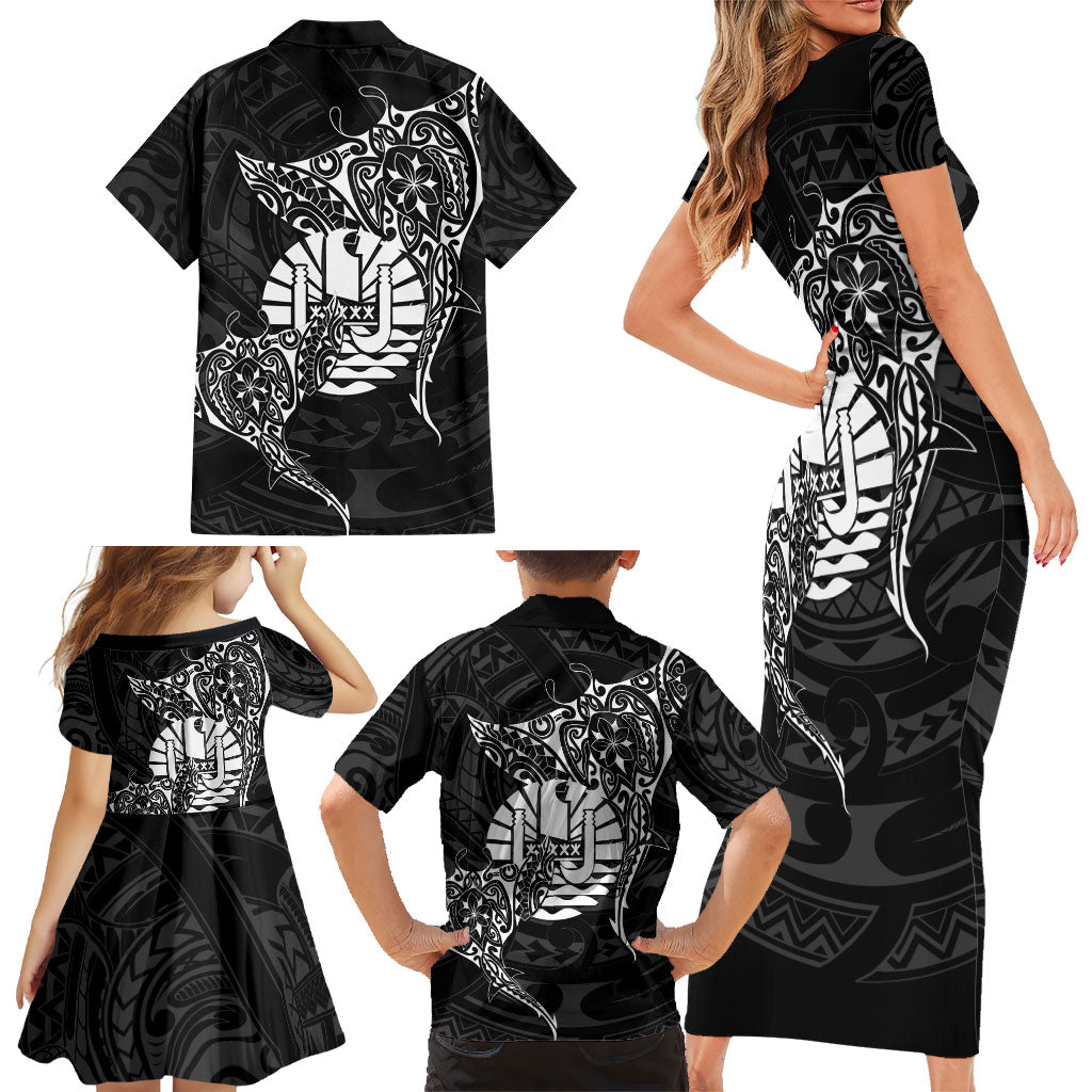French Polynesia Manta Ray Tattoo Family Matching Short Sleeve Bodycon Dress and Hawaiian Shirt Tahiti Hahalua Turtle Shark Black Color