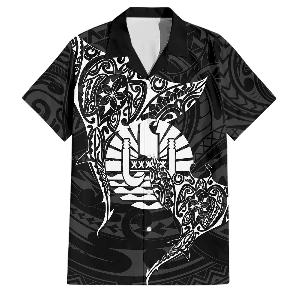 French Polynesia Manta Ray Tattoo Family Matching Short Sleeve Bodycon Dress and Hawaiian Shirt Tahiti Hahalua Turtle Shark Black Color