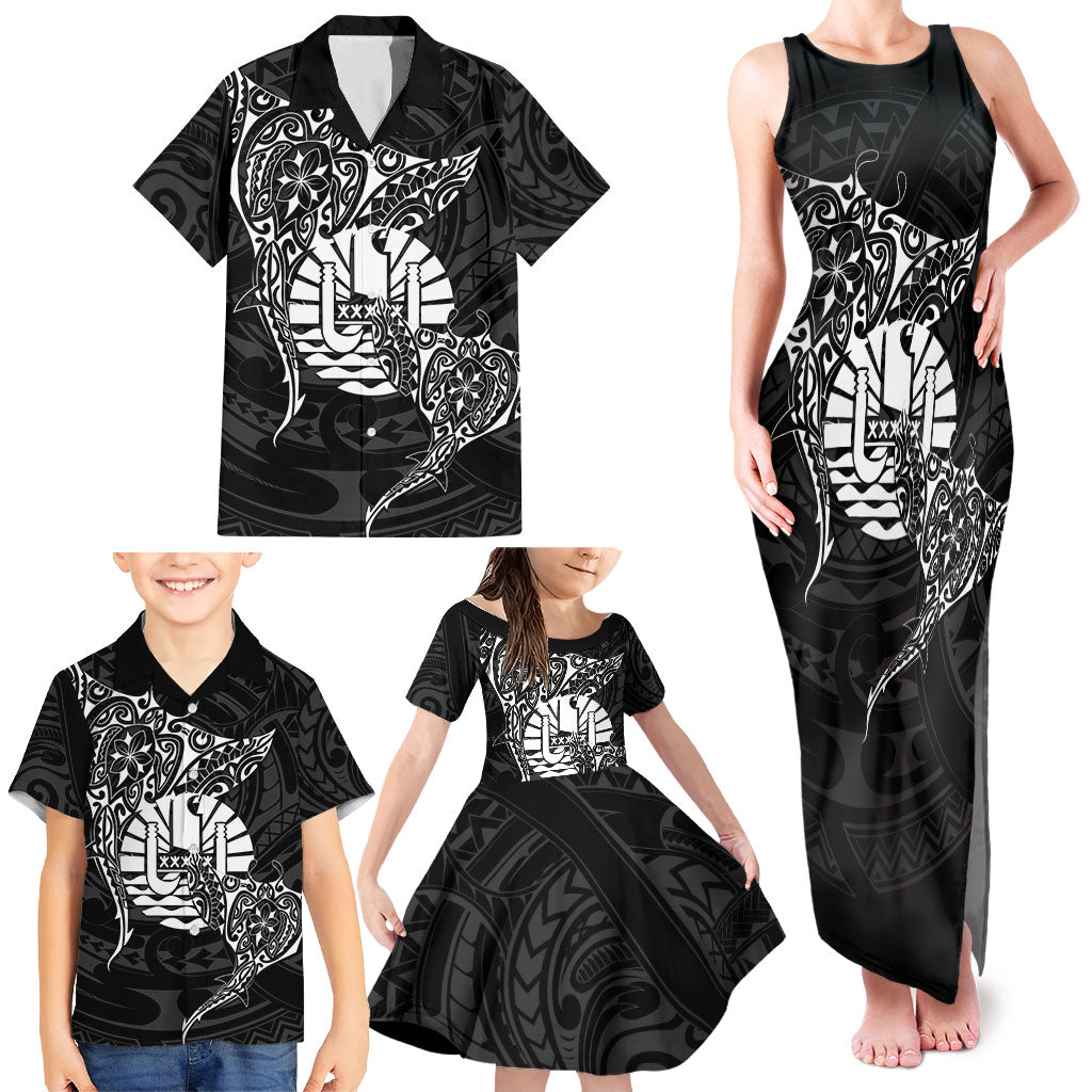 French Polynesia Manta Ray Tattoo Family Matching Tank Maxi Dress and Hawaiian Shirt Tahiti Hahalua Turtle Shark Black Color