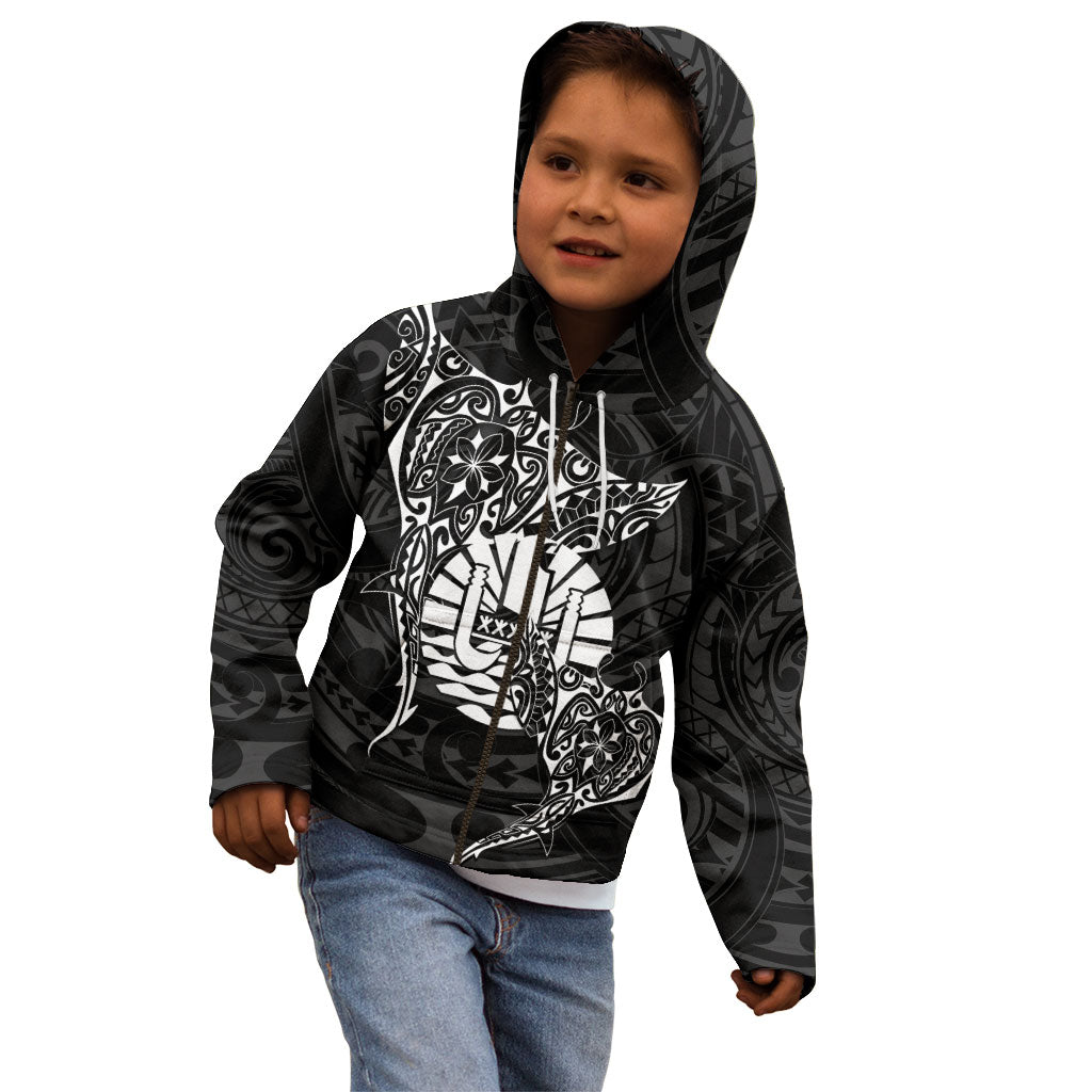 French Polynesia Manta Ray Tattoo Kid Hoodie Tahiti Hahalua Turtle Shark Black Color