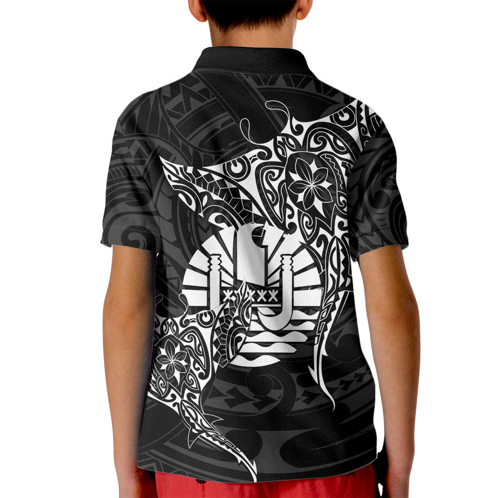 French Polynesia Manta Ray Tattoo Kid Polo Shirt Tahiti Hahalua Turtle Shark Black Color