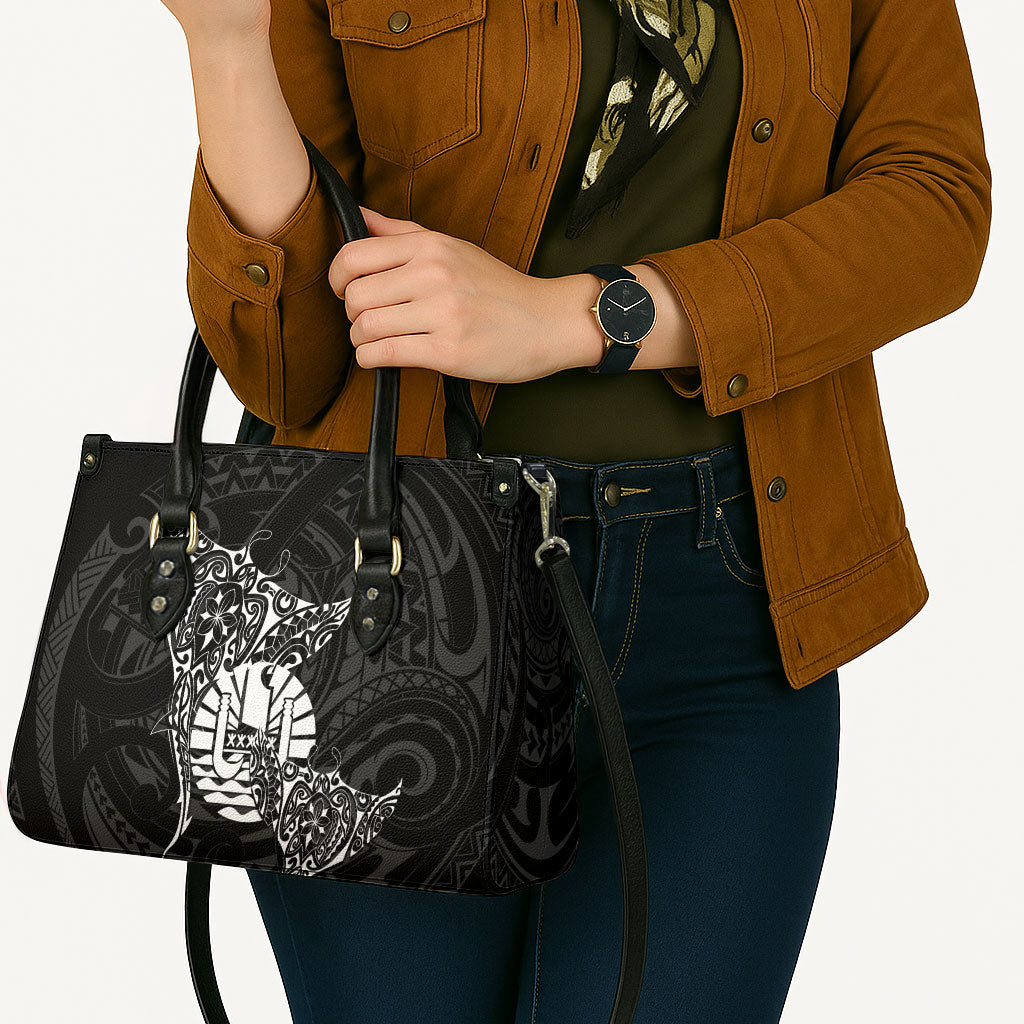French Polynesia Manta Ray Tattoo Leather Bag Tahiti Hahalua Turtle Shark Black Color