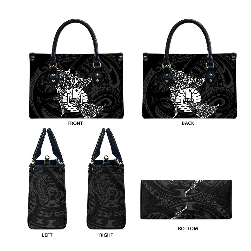 French Polynesia Manta Ray Tattoo Leather Bag Tahiti Hahalua Turtle Shark Black Color