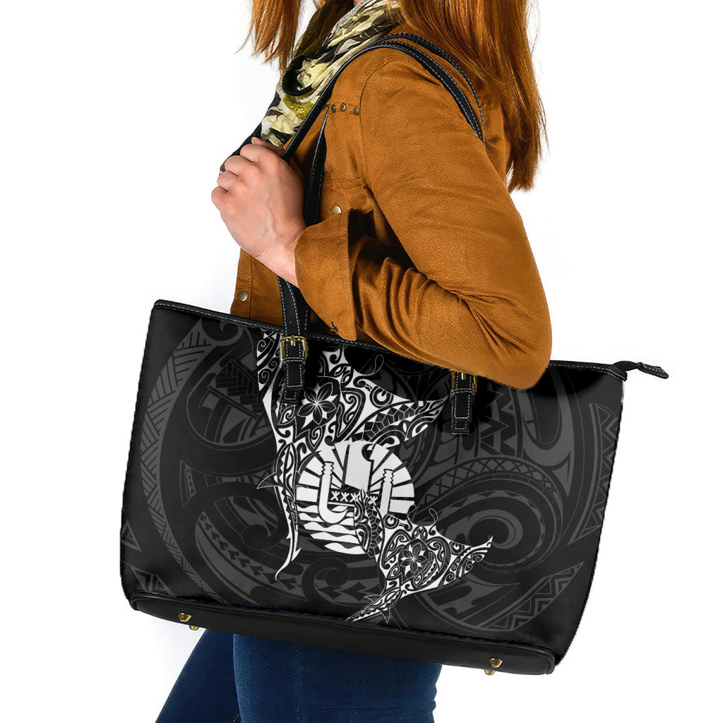 French Polynesia Manta Ray Tattoo Leather Tote Bag Tahiti Hahalua Turtle Shark Black Color