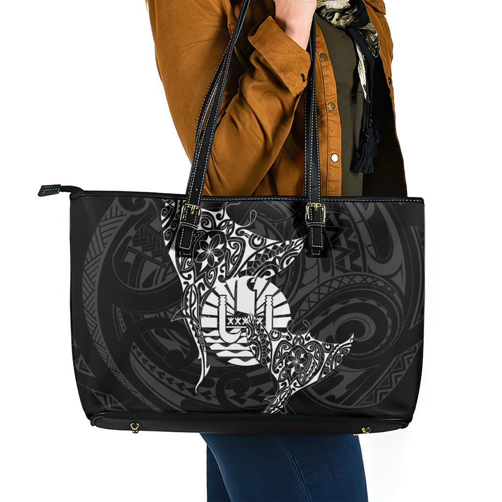 French Polynesia Manta Ray Tattoo Leather Tote Bag Tahiti Hahalua Turtle Shark Black Color