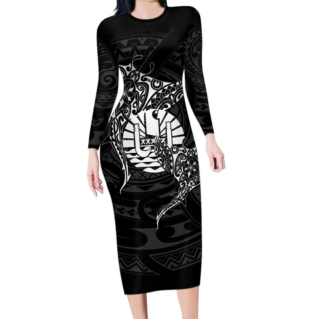 French Polynesia Manta Ray Tattoo Long Sleeve Bodycon Dress Tahiti Hahalua Turtle Shark Black Color