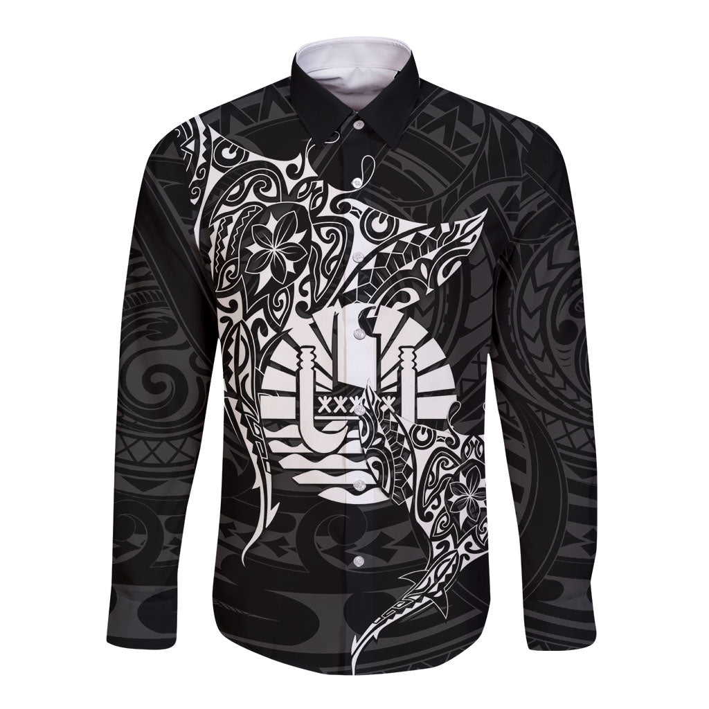French Polynesia Manta Ray Tattoo Long Sleeve Button Shirt Tahiti Hahalua Turtle Shark Black Color