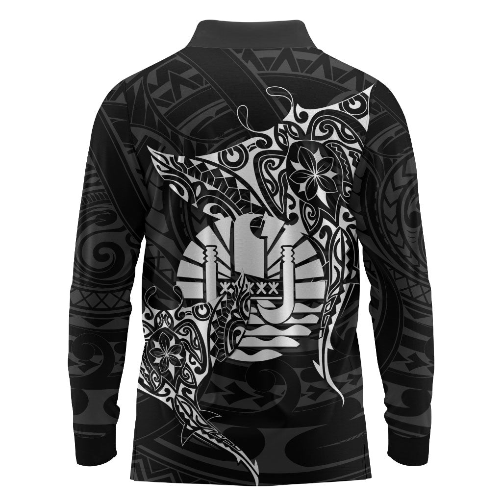 French Polynesia Manta Ray Tattoo Long Sleeve Polo Shirt Tahiti Hahalua Turtle Shark Black Color