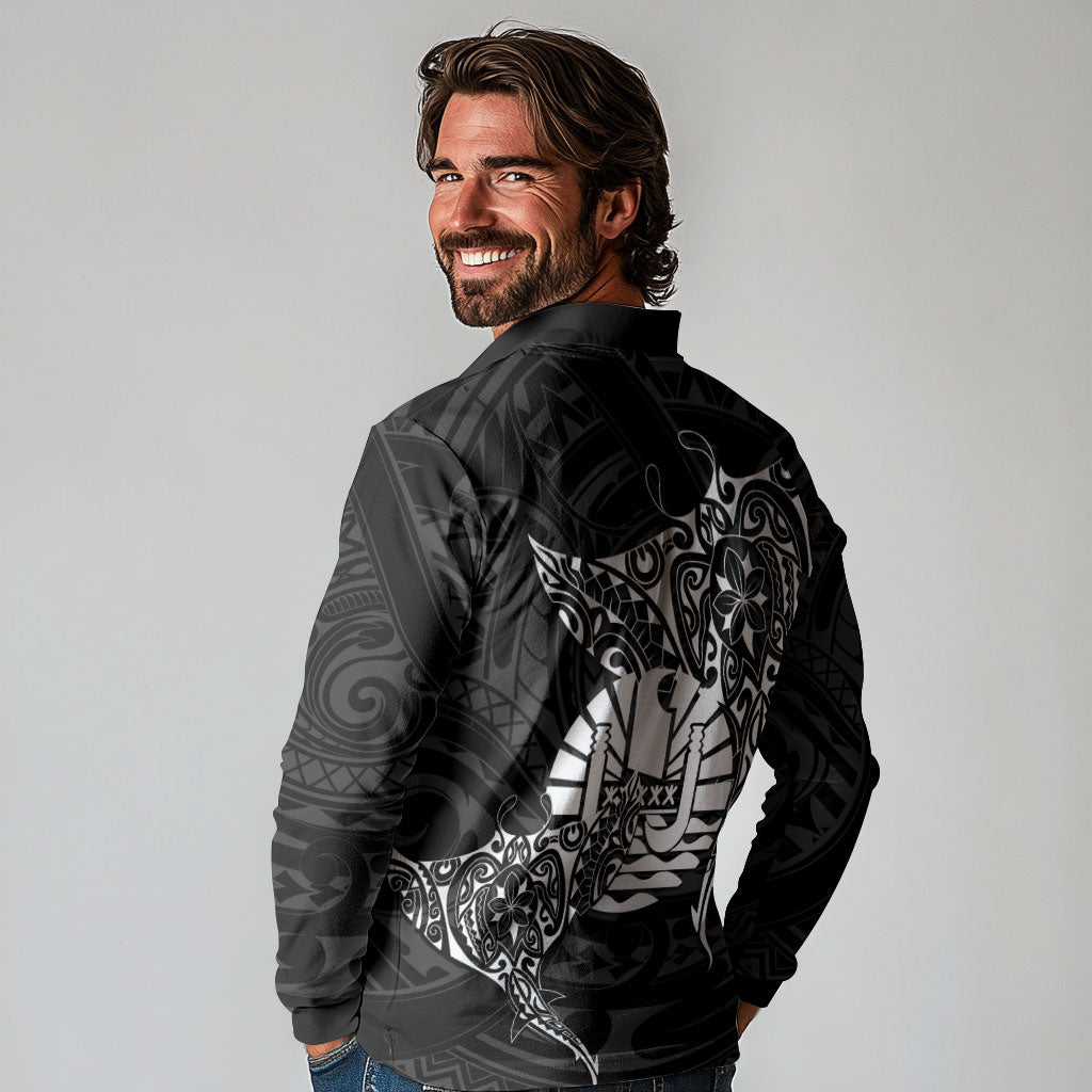 French Polynesia Manta Ray Tattoo Long Sleeve Polo Shirt Tahiti Hahalua Turtle Shark Black Color