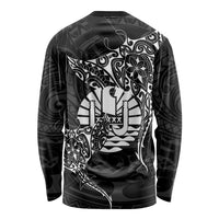 French Polynesia Manta Ray Tattoo Long Sleeve Shirt Tahiti Hahalua Turtle Shark Black Color