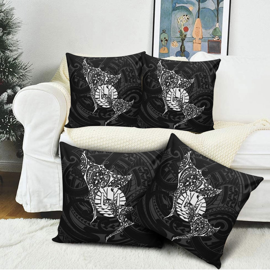 French Polynesia Manta Ray Tattoo Pillow Cover Tahiti Hahalua Turtle Shark Black Color