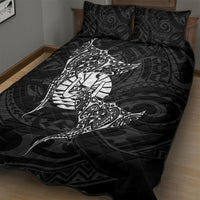 French Polynesia Manta Ray Tattoo Quilt Bed Set Tahiti Hahalua Turtle Shark Black Color