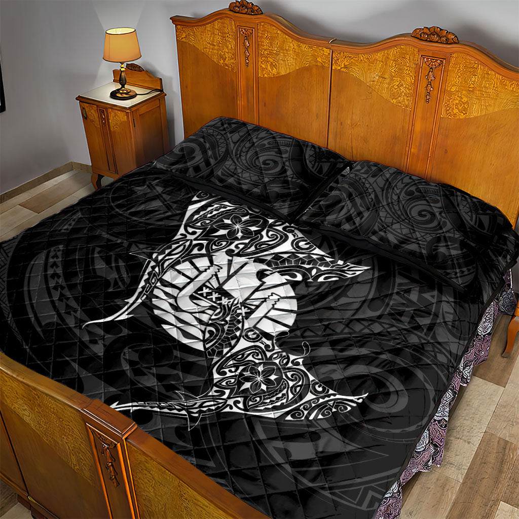 French Polynesia Manta Ray Tattoo Quilt Bed Set Tahiti Hahalua Turtle Shark Black Color