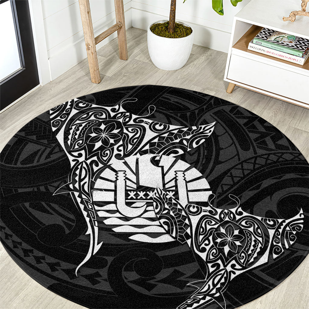 French Polynesia Manta Ray Tattoo Round Carpet Tahiti Hahalua Turtle Shark Black Color