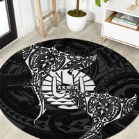 French Polynesia Manta Ray Tattoo Round Carpet Tahiti Hahalua Turtle Shark Black Color