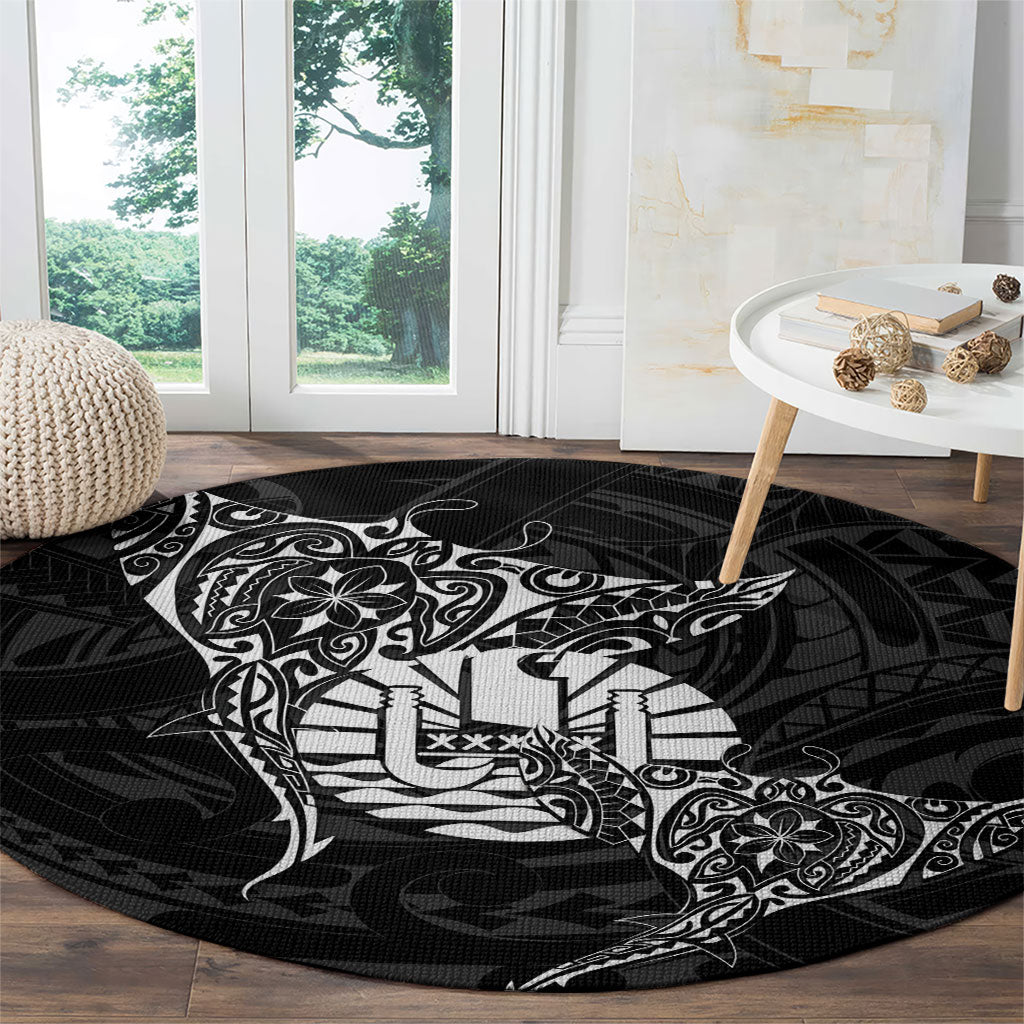 French Polynesia Manta Ray Tattoo Round Carpet Tahiti Hahalua Turtle Shark Black Color