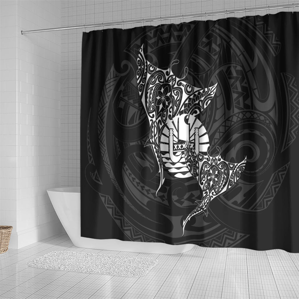 French Polynesia Manta Ray Tattoo Shower Curtain Tahiti Hahalua Turtle Shark Black Color