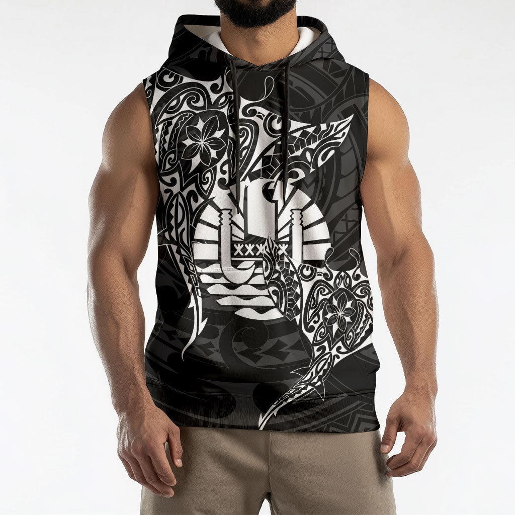 French Polynesia Manta Ray Tattoo Sleeveless Hoodie Tahiti Hahalua Turtle Shark Black Color LT14 - Polynesian Pride