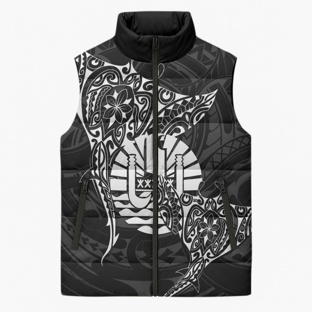French Polynesia Manta Ray Tattoo Sleeveless Puffer Jacket Tahiti Hahalua Turtle Shark Black Color