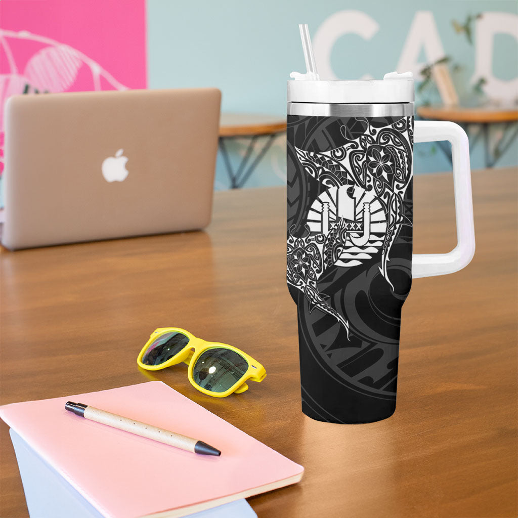 French Polynesia Manta Ray Tattoo Tumbler With Handle Tahiti Hahalua Turtle Shark Black Color