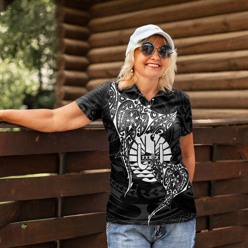 French Polynesia Manta Ray Tattoo Women Polo Shirt Tahiti Hahalua Turtle Shark Black Color