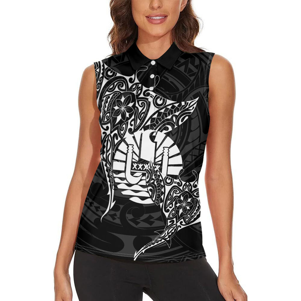 French Polynesia Manta Ray Tattoo Women Sleeveless Polo Shirt Tahiti Hahalua Turtle Shark Black Color LT14 - Polynesian Pride