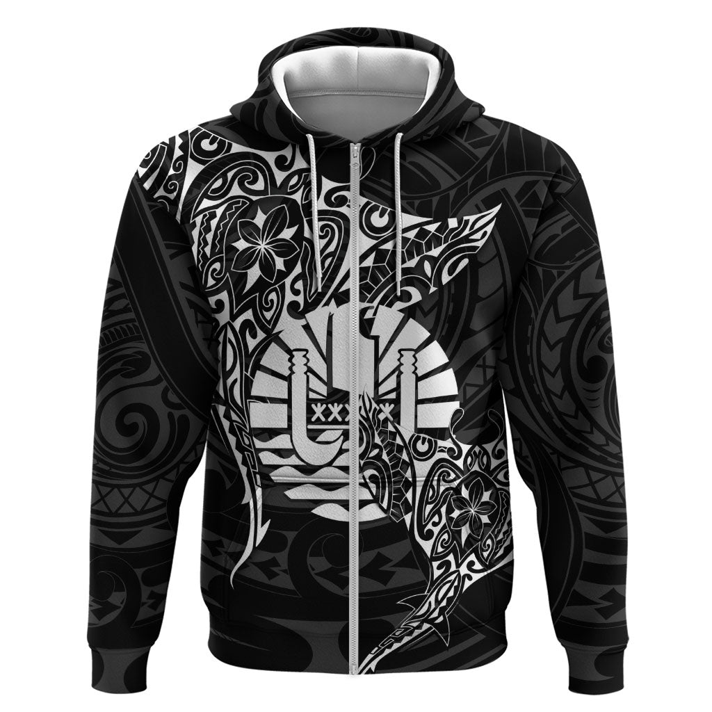 French Polynesia Manta Ray Tattoo Zip Hoodie Tahiti Hahalua Turtle Shark Black Color