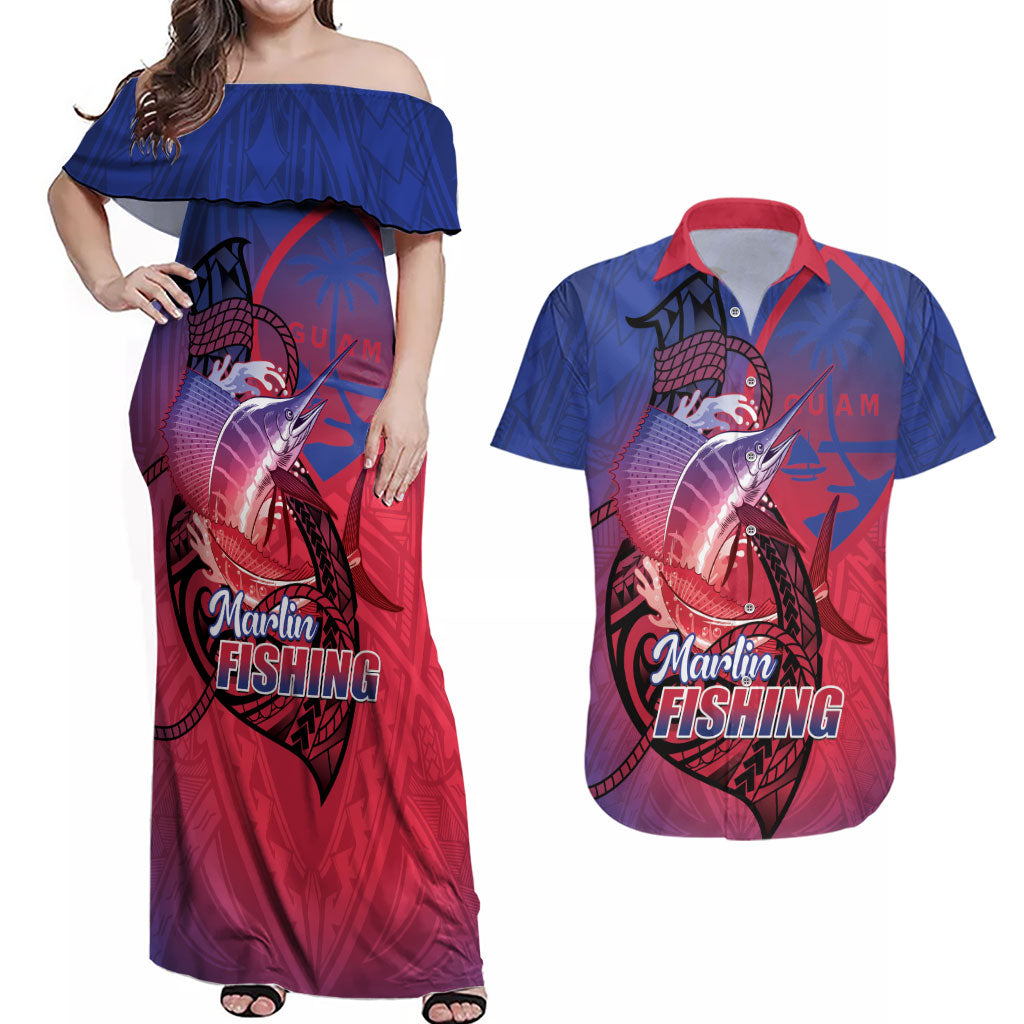 Guam Blue Marlin Fishing Couples Matching Off Shoulder Maxi Dress and Hawaiian Shirt Guahan Fish Hook Tattoo