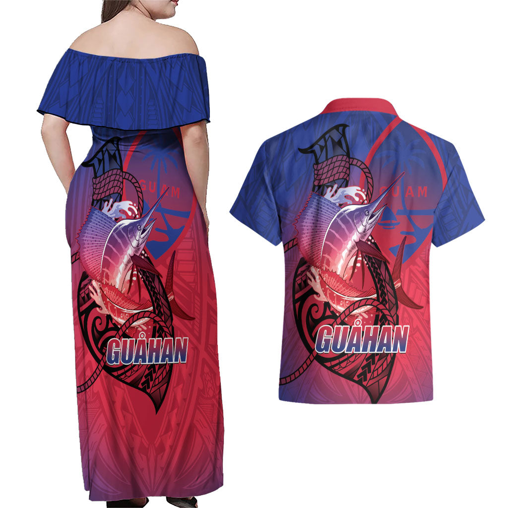 Guam Blue Marlin Fishing Couples Matching Off Shoulder Maxi Dress and Hawaiian Shirt Guahan Fish Hook Tattoo