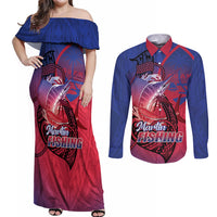 Guam Blue Marlin Fishing Couples Matching Off Shoulder Maxi Dress and Long Sleeve Button Shirt Guahan Fish Hook Tattoo