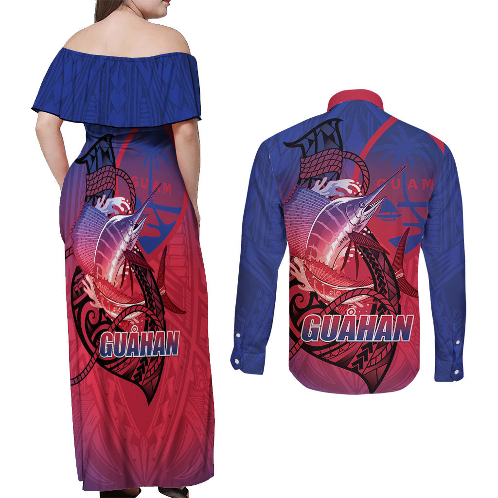 Guam Blue Marlin Fishing Couples Matching Off Shoulder Maxi Dress and Long Sleeve Button Shirt Guahan Fish Hook Tattoo