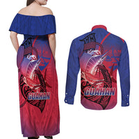 Guam Blue Marlin Fishing Couples Matching Off Shoulder Maxi Dress and Long Sleeve Button Shirt Guahan Fish Hook Tattoo