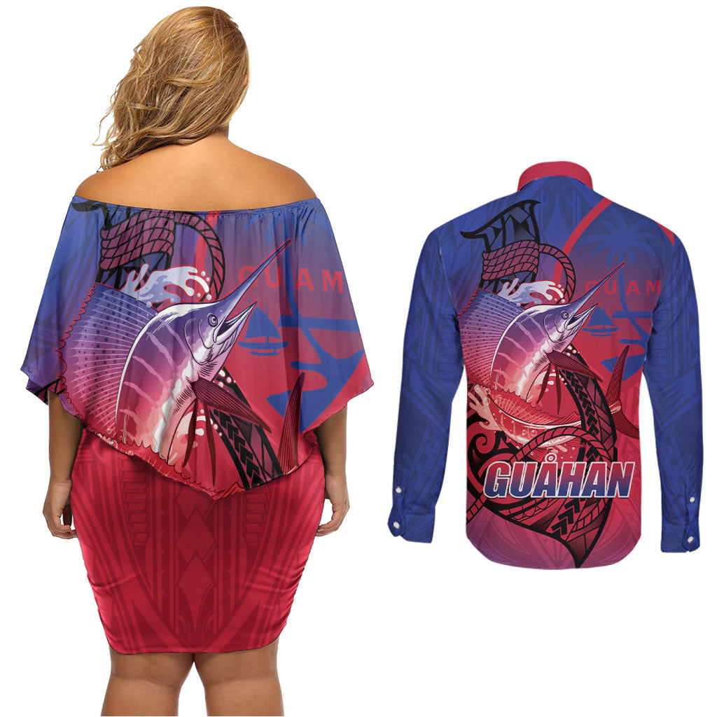 Guam Blue Marlin Fishing Couples Matching Off Shoulder Short Dress and Long Sleeve Button Shirt Guahan Fish Hook Tattoo
