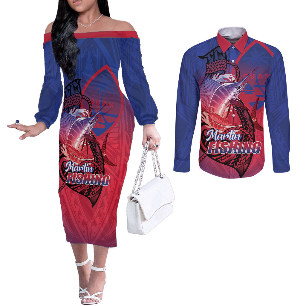 Guam Blue Marlin Fishing Couples Matching Off The Shoulder Long Sleeve Dress and Long Sleeve Button Shirt Guahan Fish Hook Tattoo LT14 Blue - Polynesian Pride