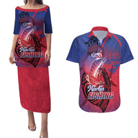 Guam Blue Marlin Fishing Couples Matching Puletasi and Hawaiian Shirt Guahan Fish Hook Tattoo