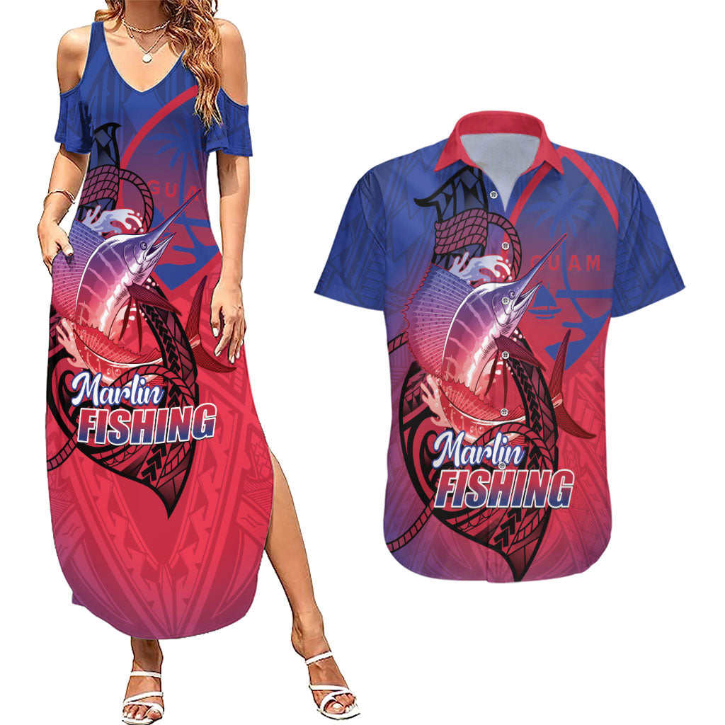 Guam Blue Marlin Fishing Couples Matching Summer Maxi Dress and Hawaiian Shirt Guahan Fish Hook Tattoo
