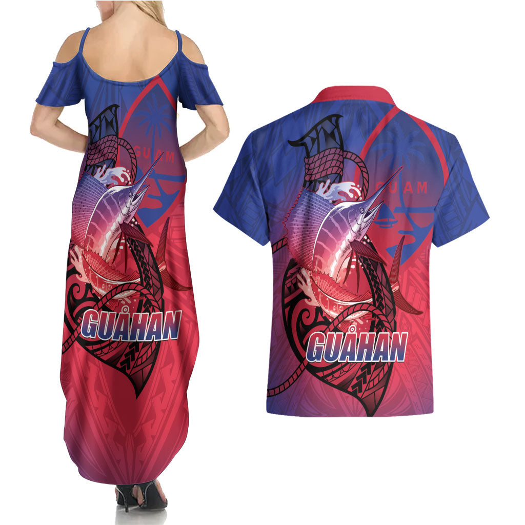 Guam Blue Marlin Fishing Couples Matching Summer Maxi Dress and Hawaiian Shirt Guahan Fish Hook Tattoo